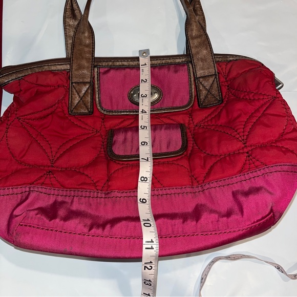 Fossil Key Per RED Handbag Purse Cranberry QUILTED Fabric Brown Leather TOTE 15” - Picture 2 of 14
